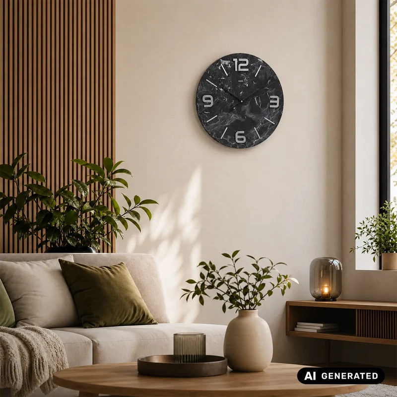 AMS W9707 Wanduhr Anthrazit • Holzgehäuse mit Metallziffern • Quarzwerk