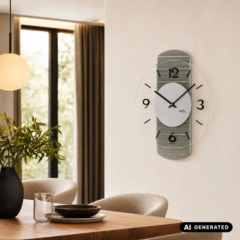 AMS W9705 Wanduhr Metallstruktur Sonoma • Holzgehäuse mit Aluminium-Auflagen • Facettiertes Mineralglas