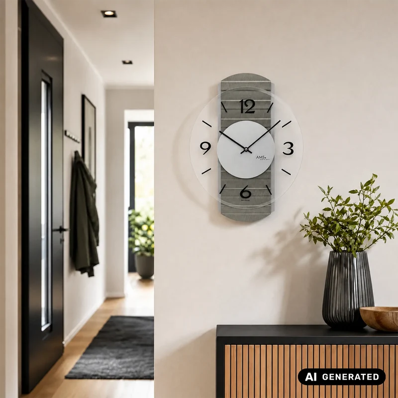 AMS W9705 Wanduhr Metallstruktur Sonoma • Holzgehäuse mit Aluminium-Auflagen • Facettiertes Mineralglas