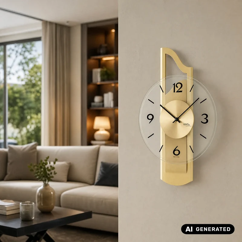 AMS W9679 Wanduhr Messing • Holzgehäuse mit Messingauflage • Facettiertes Mineralglas