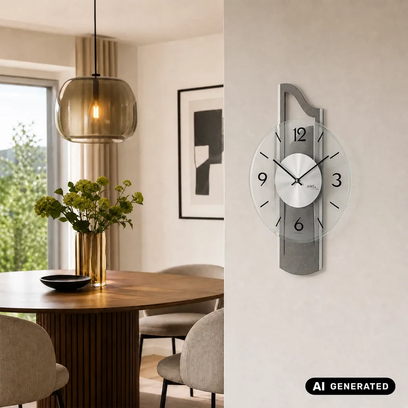 AMS W9682 Wanduhr Anthrazit • Holzgehäuse mit Aluminium-Auflage • Facettiertes Mineralglas