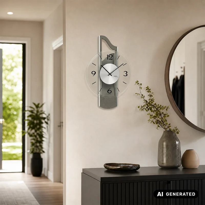 AMS W9682 Wanduhr Anthrazit • Holzgehäuse mit Aluminium-Auflage • Facettiertes Mineralglas