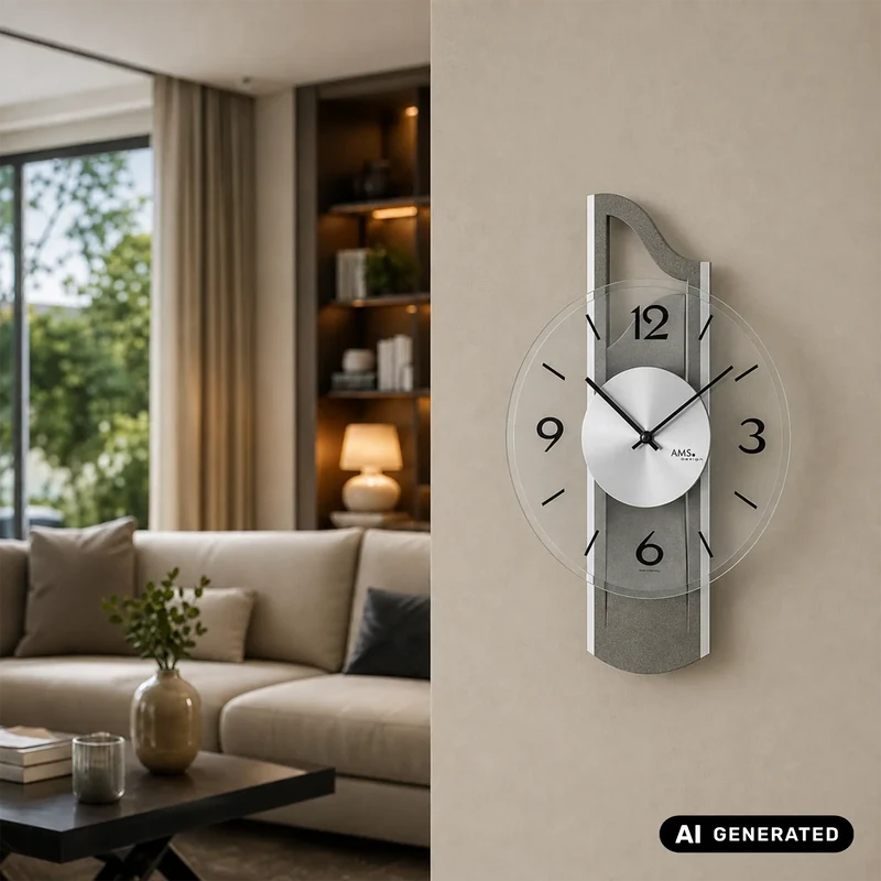 AMS W9682 Wanduhr Anthrazit • Holzgehäuse mit Aluminium-Auflage • Facettiertes Mineralglas