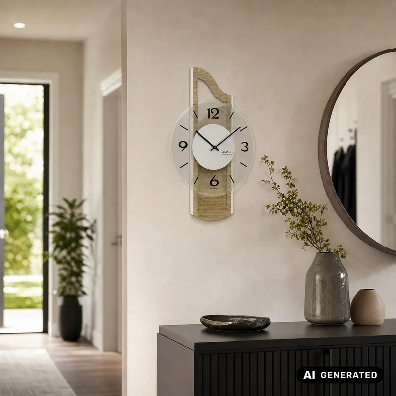 AMS W9681 Wanduhr Sonoma • Mineralglas facettiert • Holzgehäuse mit Aluminium-Auflage