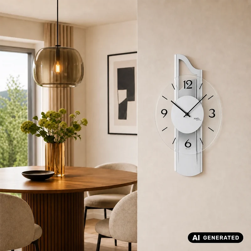AMS W9678 Wanduhr Silber • Holzgehäuse mit Aluminium-Auflage • Facettiertes Mineralglas