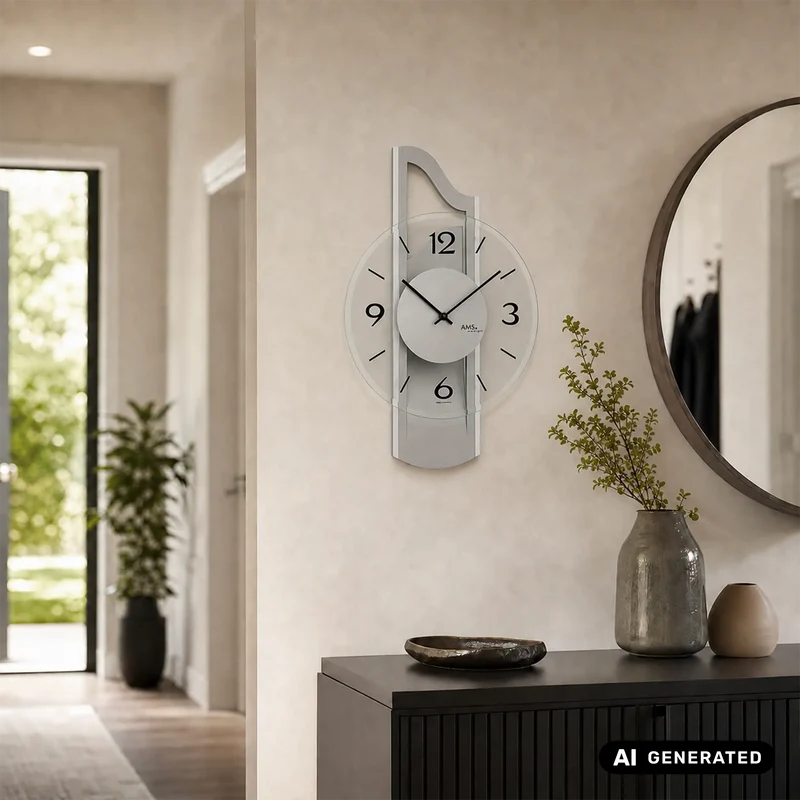 AMS W9678 Wanduhr Silber • Holzgehäuse mit Aluminium-Auflage • Facettiertes Mineralglas
