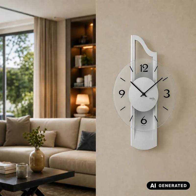 AMS W9678 Wanduhr Silber • Holzgehäuse mit Aluminium-Auflage • Facettiertes Mineralglas