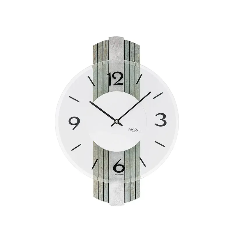 AMS W9677 Wanduhr Holzdekor • Mineralglas facettiert • Silberantik-Optik