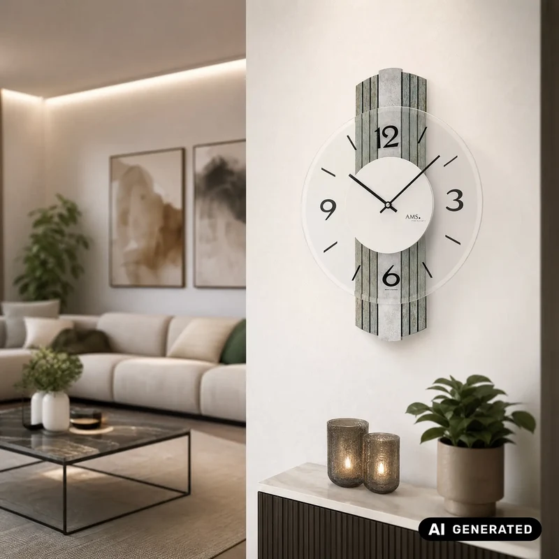 AMS W9677 Wanduhr Holzdekor • Mineralglas facettiert • Silberantik-Optik