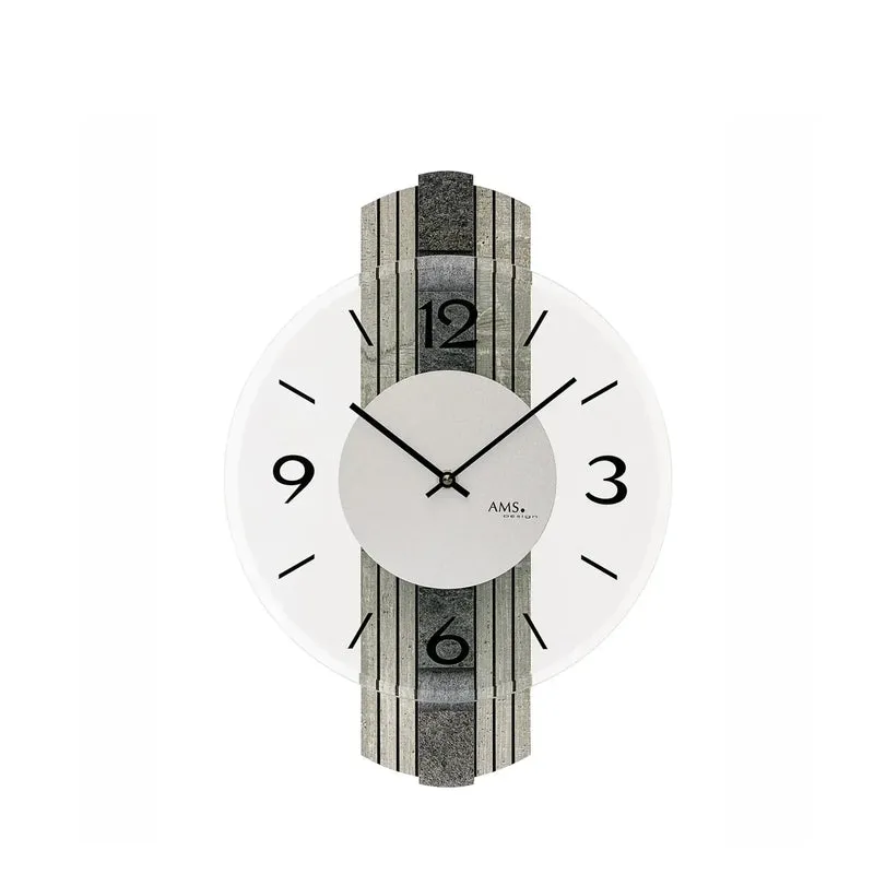 AMS W9675 Wanduhr Steinstruktur • Mineralglas facettiert • Holzgehäuse mit Stein-Auflage
