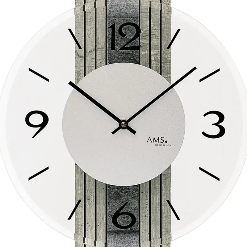 AMS W9675 Wanduhr Steinstruktur • Mineralglas facettiert • Holzgehäuse mit Stein-Auflage