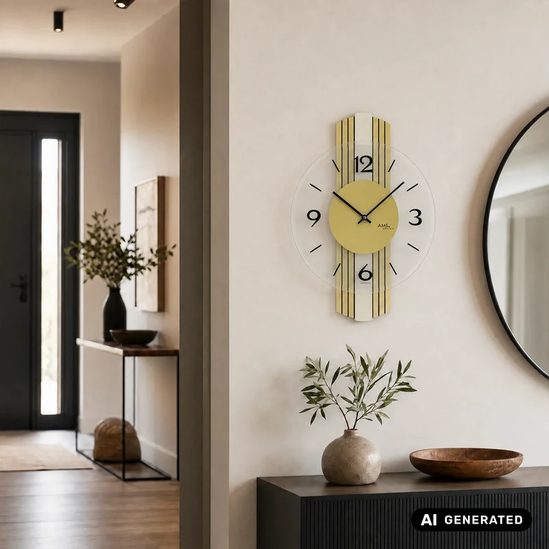 AMS W9673 Wanduhr Messing Antik • Holzgehäuse mit Messingantik-Auflage • Facettiertes Mineralglas