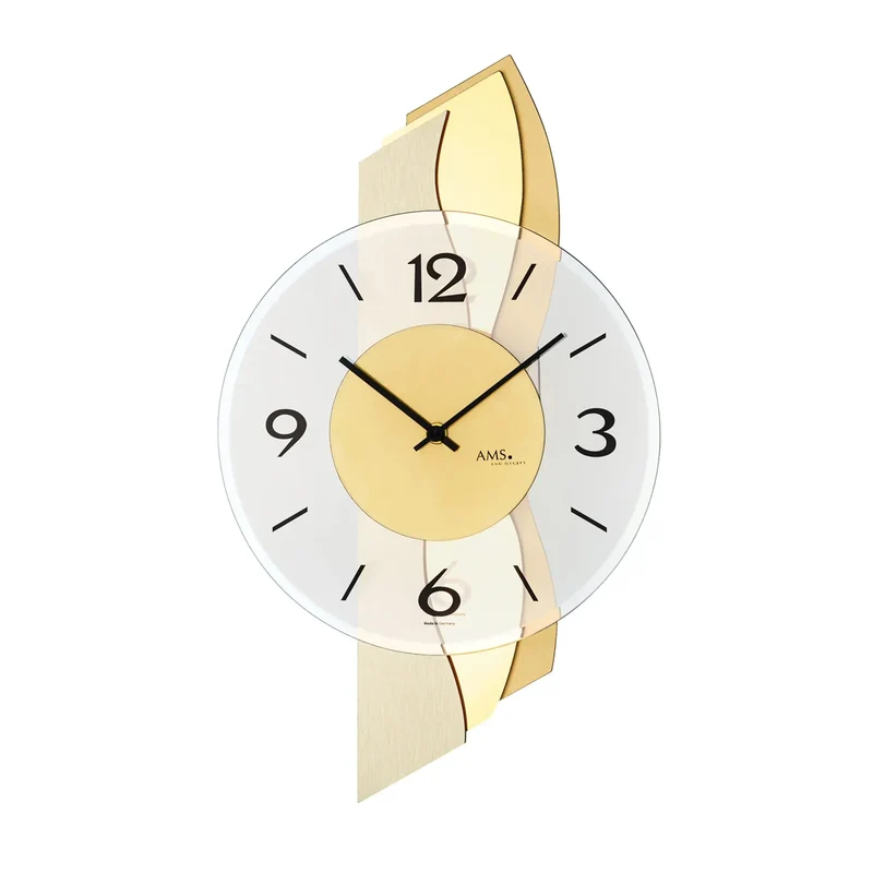 AMS W9669 Wanduhr Messing • Holzgehäuse mit Messing-Auflage • Facettiertes Mineralglas
