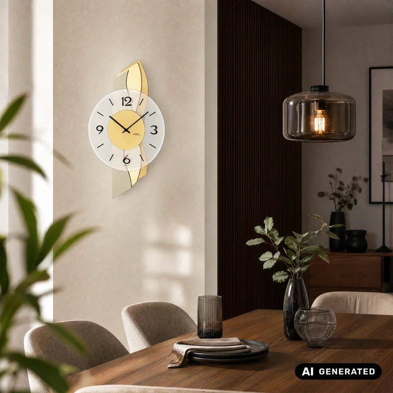 AMS W9669 Wanduhr Messing • Holzgehäuse mit Messing-Auflage • Facettiertes Mineralglas