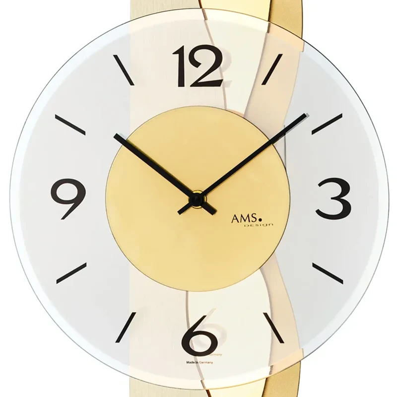 AMS W9669 Wanduhr Messing • Holzgehäuse mit Messing-Auflage • Facettiertes Mineralglas