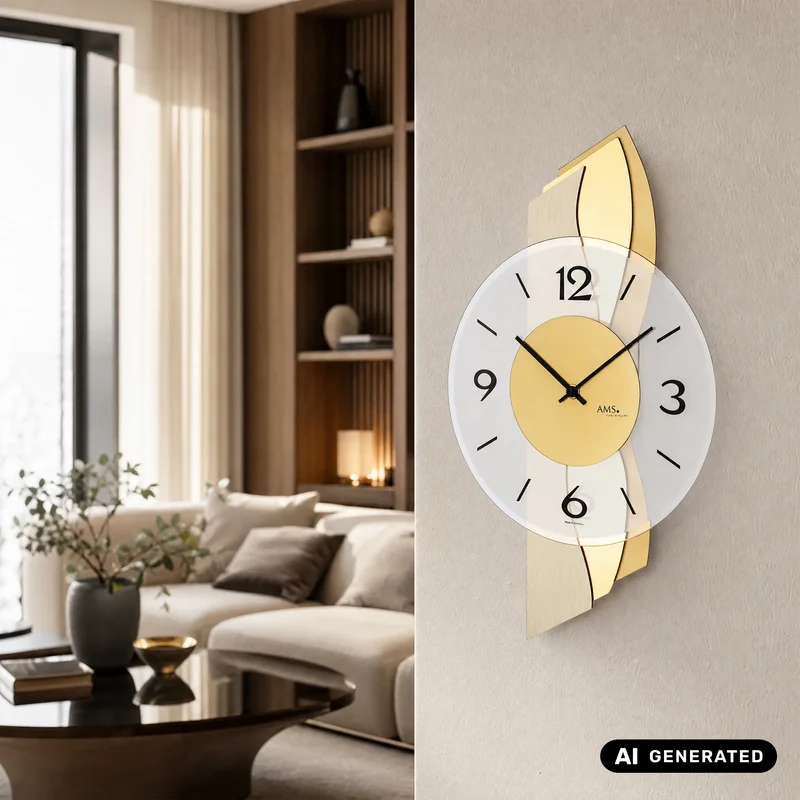 AMS W9669 Wanduhr Messing • Holzgehäuse mit Messing-Auflage • Facettiertes Mineralglas