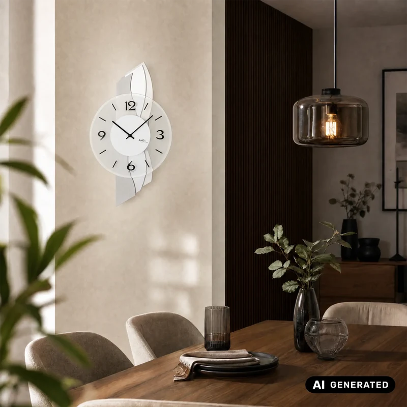 AMS Quarz-Wanduhr W9670 Wanduhr Aluminium • Mineralglas facettiert • Holzgehäuse mit Alu-Auflage