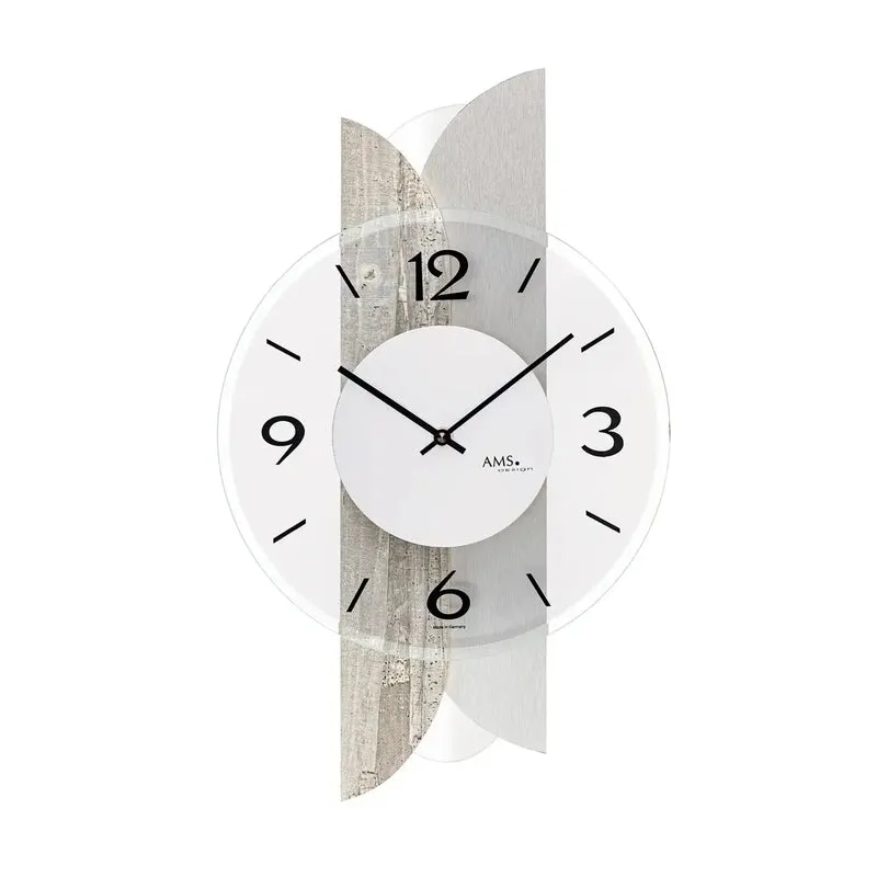AMS W9668 Wanduhr Betonstruktur • Mineralglas facettiert • Holzgehäuse mit Aluminium