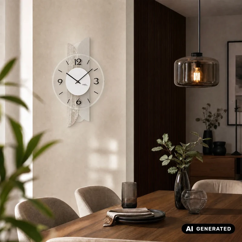 AMS W9668 Wanduhr Betonstruktur • Mineralglas facettiert • Holzgehäuse mit Aluminium