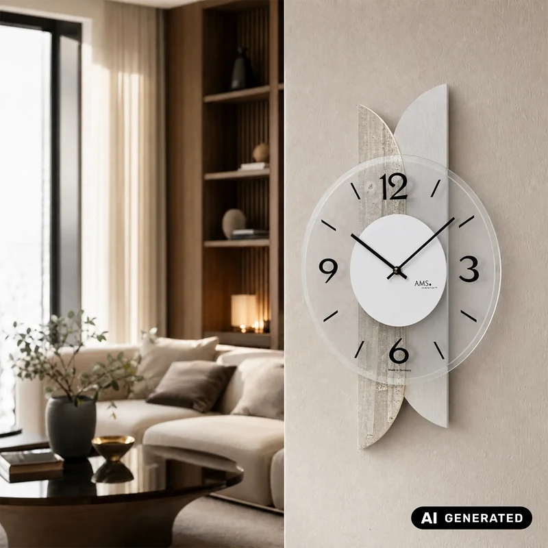 AMS W9668 Wanduhr Betonstruktur • Mineralglas facettiert • Holzgehäuse mit Aluminium