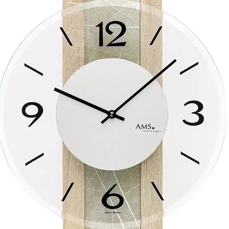 AMS W9665 Wanduhr Sonoma-Eiche • Naturblätter & Mineralglas • Quarzwerk