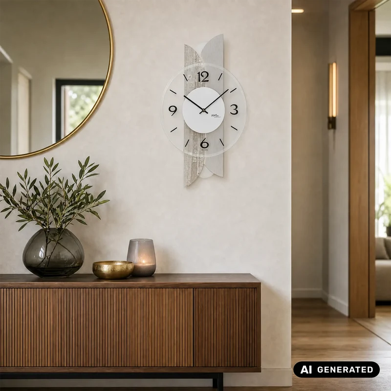 AMS W9667 Wanduhr Sonoma • Holzgehäuse mit Aluminiumauflage • Facettiertes Mineralglas