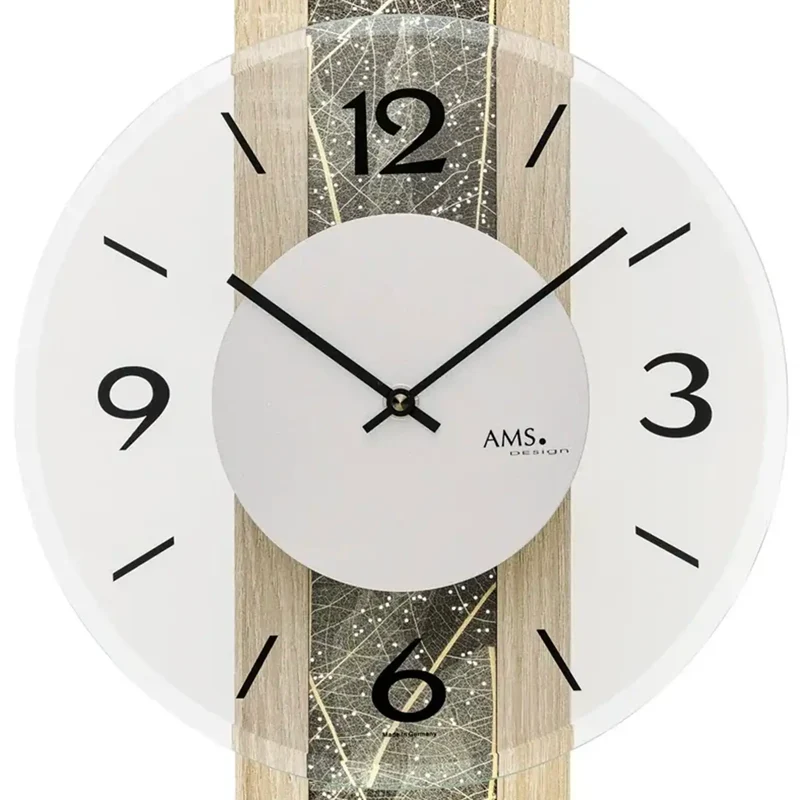 AMS W9664 Wanduhr Sonoma-Eiche • Naturblätter & Swarovski Kristalle • Mineralglas