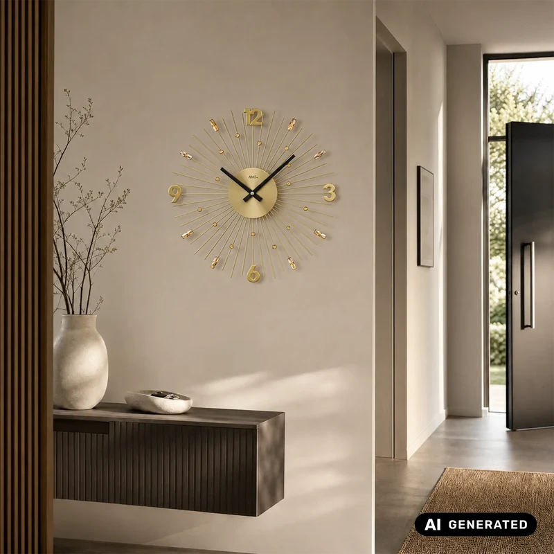 AMS W9653 Wanduhr Gold • Quarzwerk • Metallstäbe