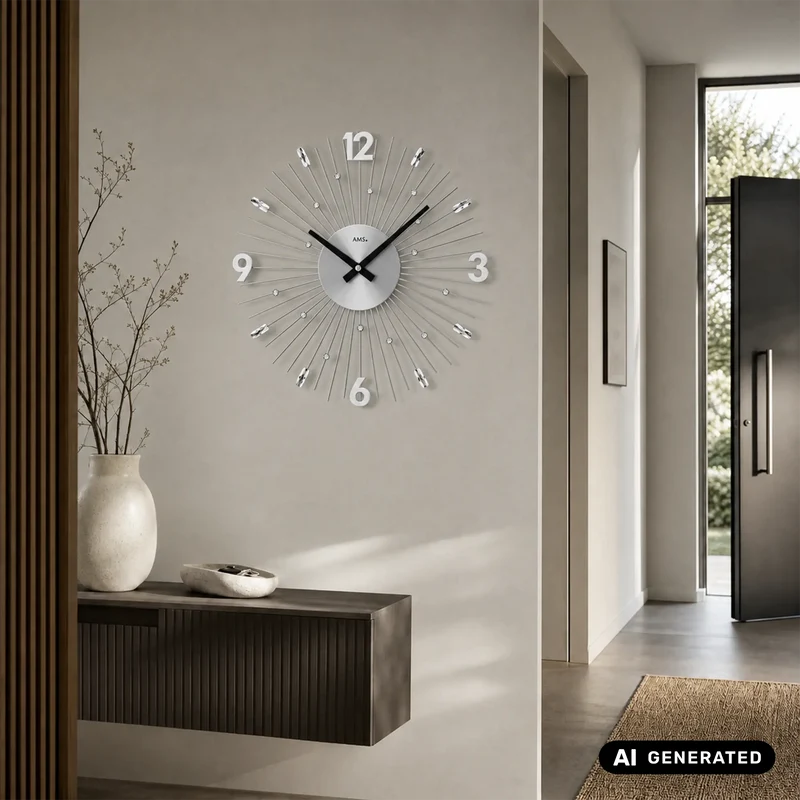 AMS W9652 Wanduhr Silber • Quarzwerk • Metallstäbe