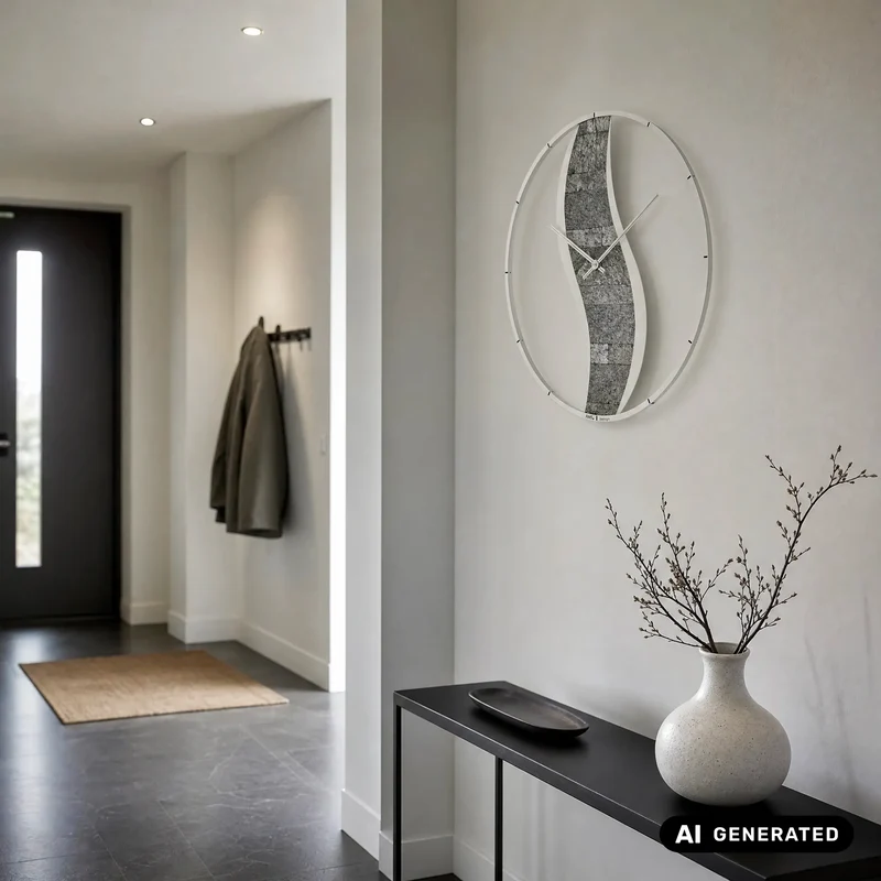 AMS W9646 Wanduhr Silber • Quarzwerk • Holz mit Steinauflage