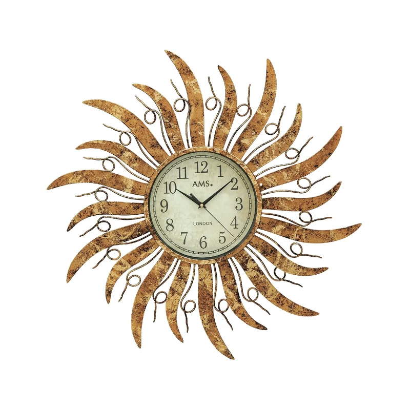 AMS W9639 Wanduhr Gold • Extravagantes Sonnen-Design • Wetterfestes Metallgehäuse