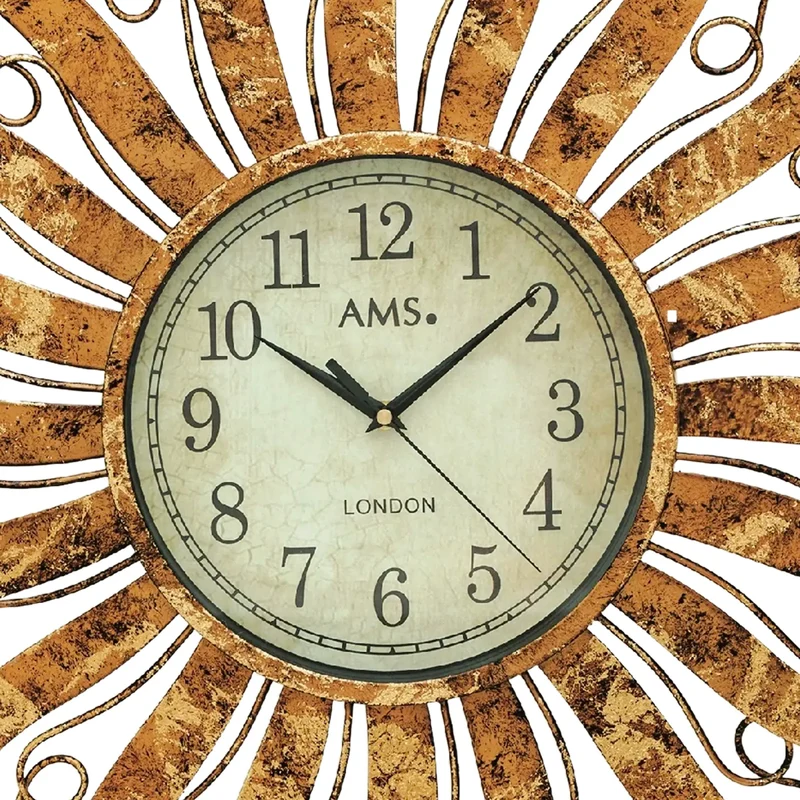 AMS W9639 Wanduhr Gold • Extravagantes Sonnen-Design • Wetterfestes Metallgehäuse