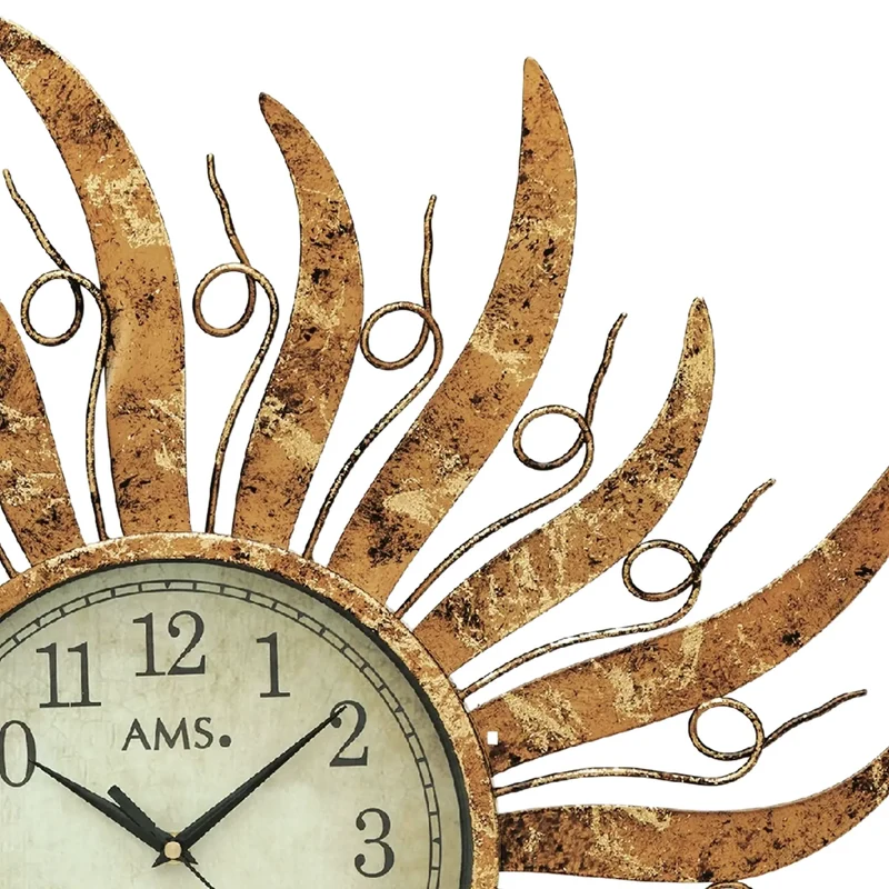 AMS W9639 Wanduhr Gold • Extravagantes Sonnen-Design • Wetterfestes Metallgehäuse