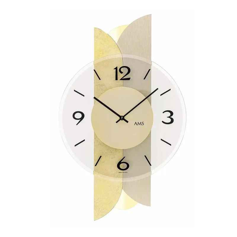 AMS W9643 Wanduhr Gold-Antik-Messing • Quarzwerk • Facettiertes Mineralglas