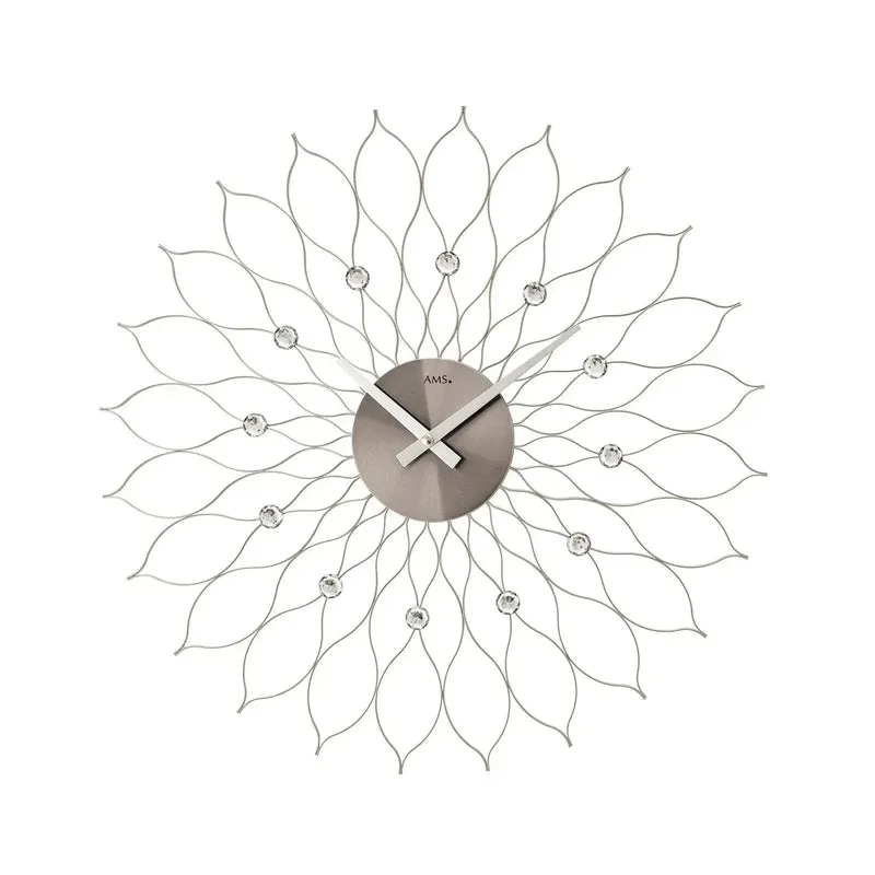 AMS W9608 Wanduhr Silber • Metallgehäuse Blüte • Quarzwerk