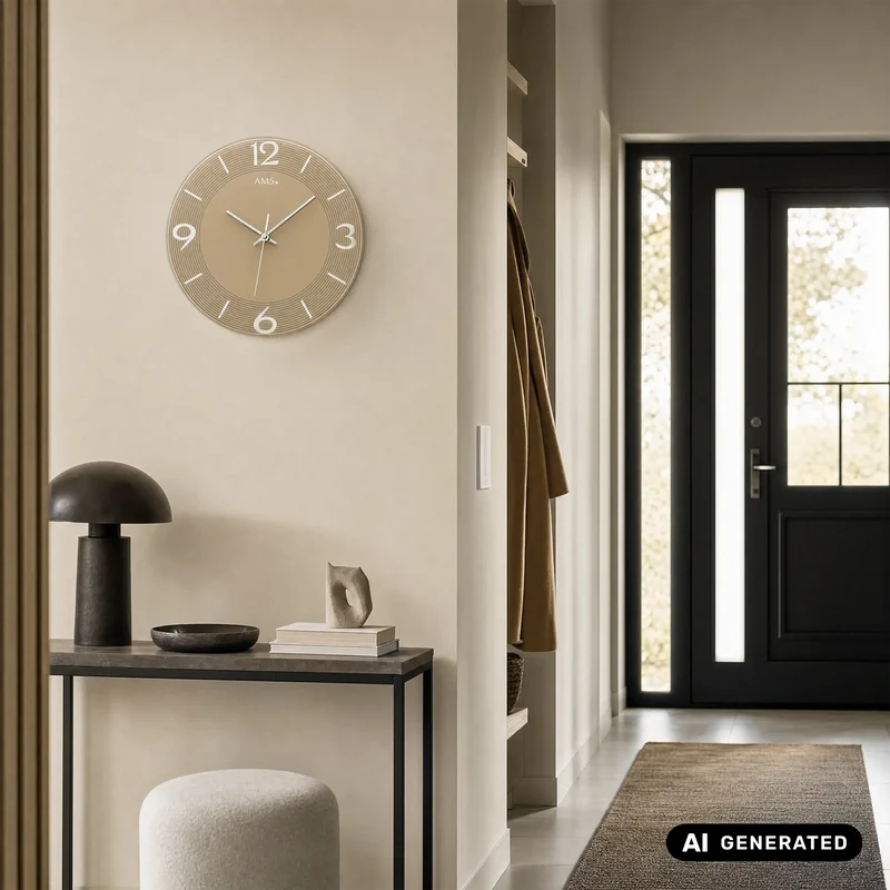 AMS W9572 Wanduhr Hellbraun • Geräuschloses Sweep-Uhrwerk • Facettiertes Spiegelglas