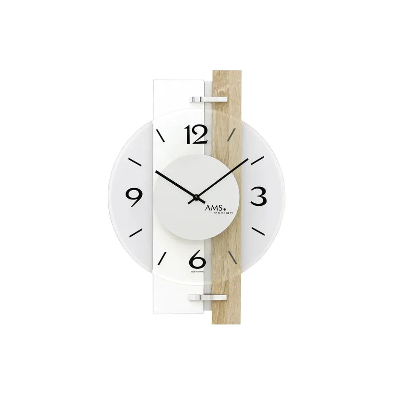 AMS W9557 Wanduhr Weiß/Sonoma • Quarzwerk • Bedrucktes Mineralglas