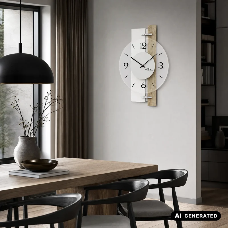 AMS W9557 Wanduhr Weiß/Sonoma • Quarzwerk • Bedrucktes Mineralglas