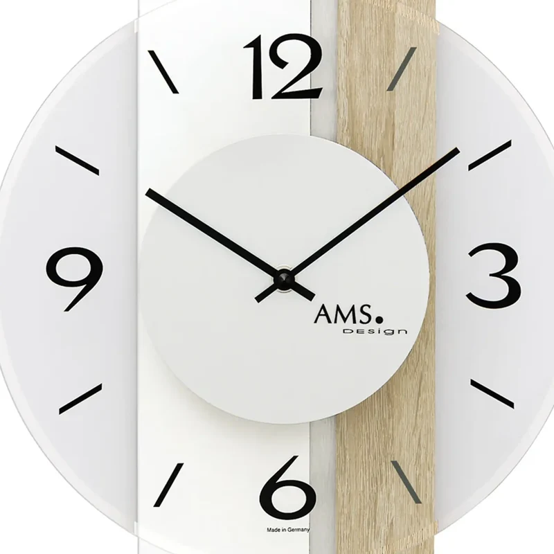 AMS W9557 Wanduhr Weiß/Sonoma • Quarzwerk • Bedrucktes Mineralglas