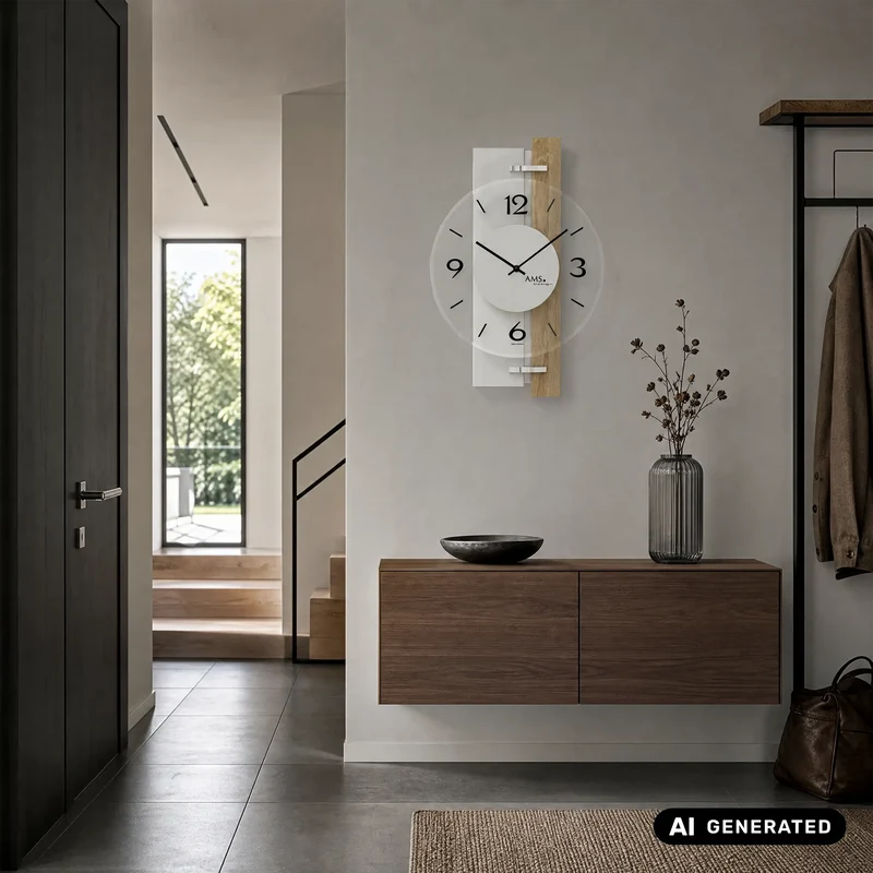 AMS W9557 Wanduhr Weiß/Sonoma • Quarzwerk • Bedrucktes Mineralglas