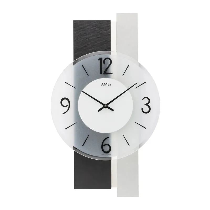 AMS W9555 Wanduhr Schiefer/Aluminium • Facettiertes Mineralglas • Holzgehäuse