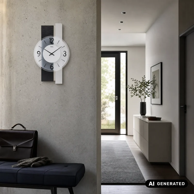 AMS W9555 Wanduhr Schiefer/Aluminium • Facettiertes Mineralglas • Holzgehäuse