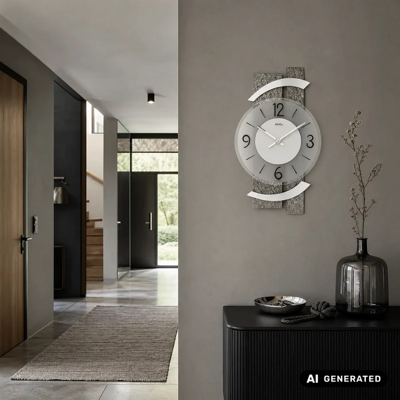 AMS W9548 Wanduhr Naturstein/Aluminium • Facettiertes Mineralglas • Quarzwerk