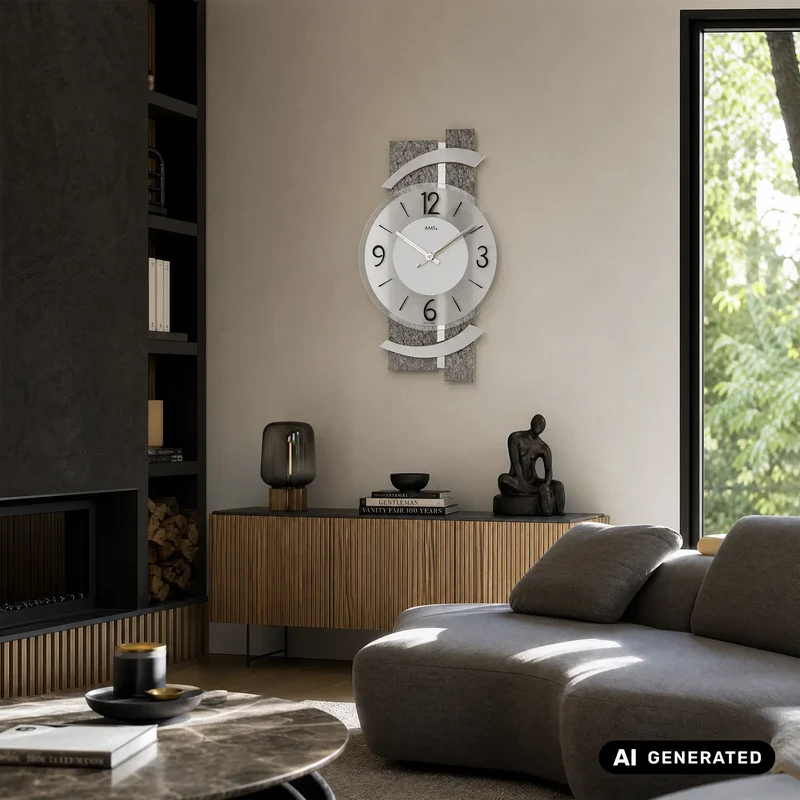 AMS W9548 Wanduhr Naturstein/Aluminium • Facettiertes Mineralglas • Quarzwerk