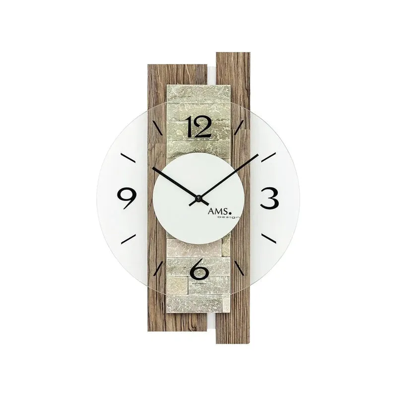 AMS Quarz-Wanduhr W9543 Wanduhr Nussbaum • Mineralglas-Auflage • Naturstein-Dekor