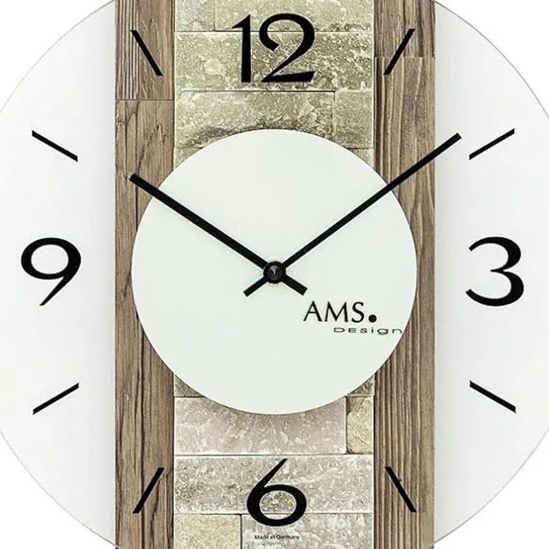 AMS Quarz-Wanduhr W9543 Wanduhr Nussbaum • Mineralglas-Auflage • Naturstein-Dekor