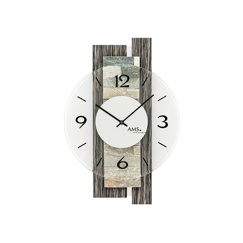 AMS W9544 Wanduhr Holzdekor/Naturstein • Mineralglas mit Facettenschliff • Quarzwerk