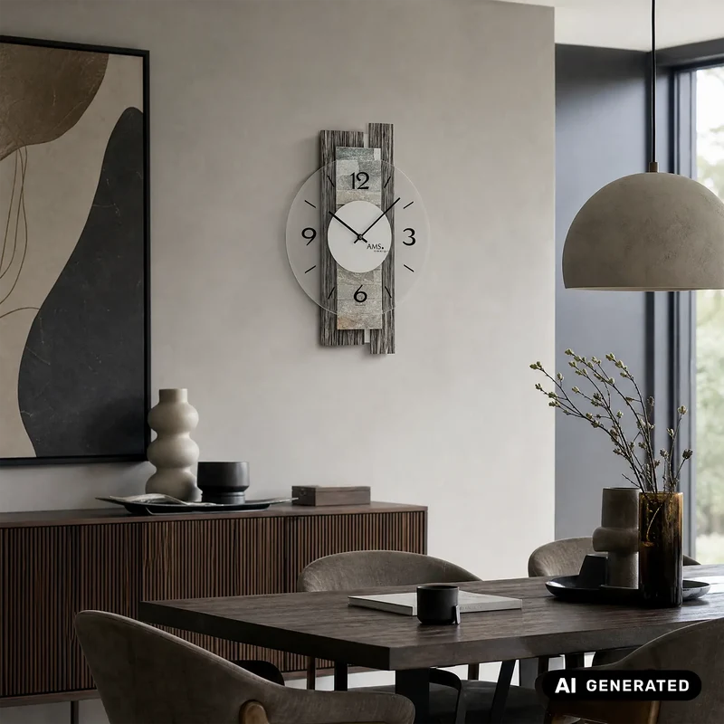 AMS W9544 Wanduhr Holzdekor/Naturstein • Mineralglas mit Facettenschliff • Quarzwerk