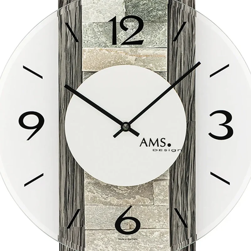 AMS W9544 Wanduhr Holzdekor/Naturstein • Mineralglas mit Facettenschliff • Quarzwerk
