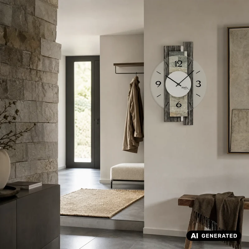 AMS W9544 Wanduhr Holzdekor/Naturstein • Mineralglas mit Facettenschliff • Quarzwerk